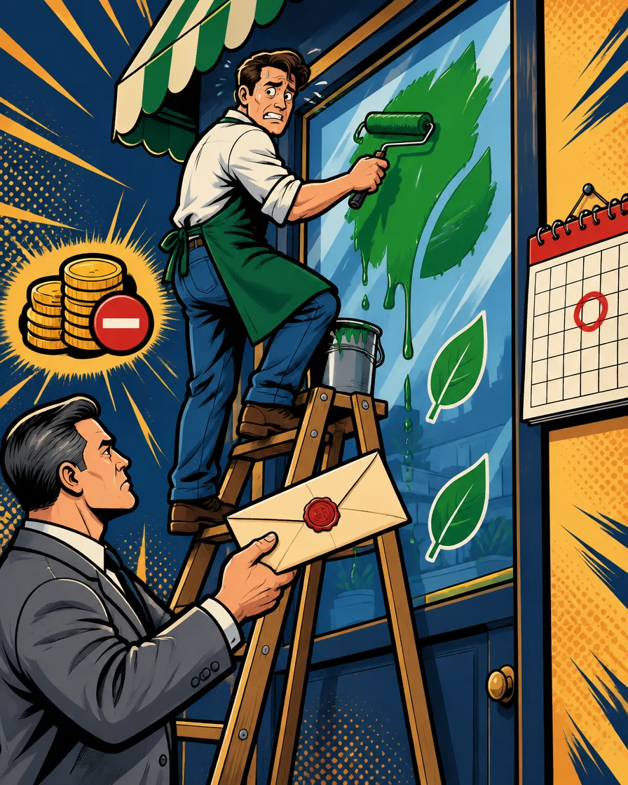 Illustration: Ein Ladeninhaber streicht auf einer Leiter ein grünes Blatt an sein Schaufenster, während ein Anwalt mit einer versiegelten Abmahnung danebensteht und der Kalender den 27. September zeigt
